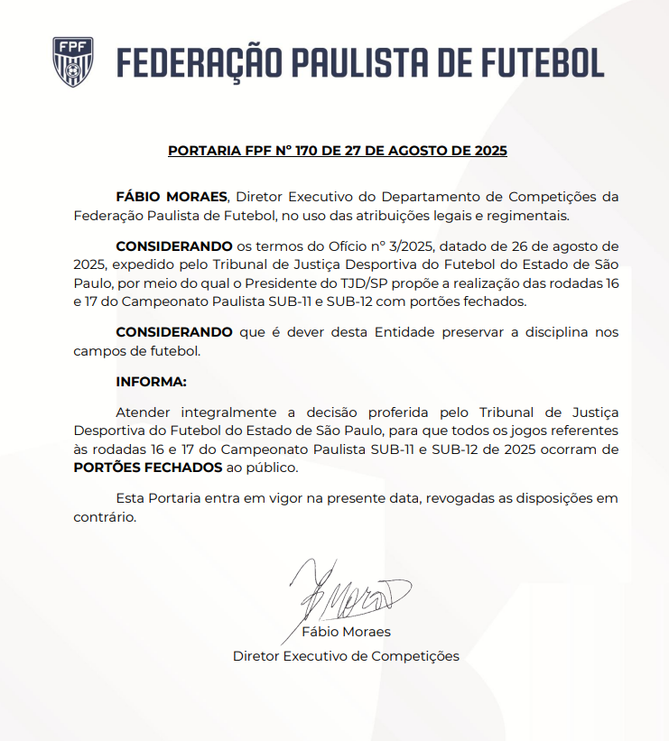 Base: Jogos do Sub-11 e Sub-12 com portões fechados.