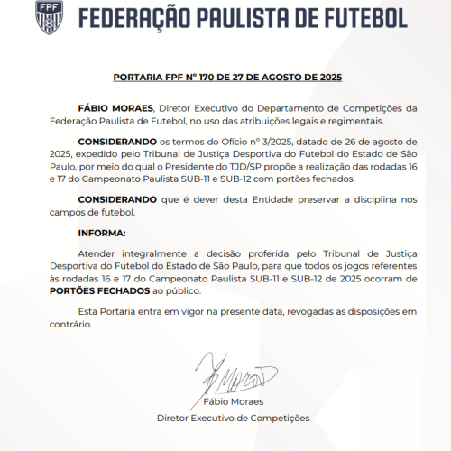 Base: Jogos do Sub-11 e Sub-12 com portões fechados.